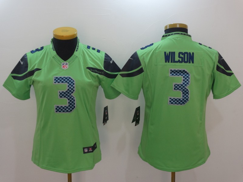 Womens Seattle Seahawks #3 Russell Wilson Green Color Rush Limited Jersey->->Women Jersey